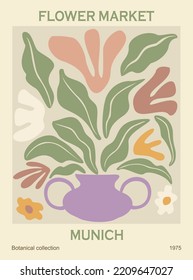 Abstract poster - Flower Market Munich. Trendy botanical wall art with floral design in danish pastel colors. Modern naive hippie groovy funky interior decoration, painting. Vector art illustration.