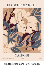 Abstract poster - Flower Market Nairobi print. Trendy botanical wall art with floral design in danish pastel colors. Modern naive groovy funky interior decoration, painting. Vector art illustration.