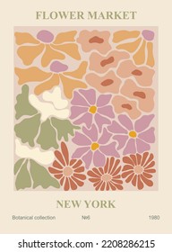 Abstract poster - Flower market New York. Trendy botanical wall art with floral design in danish pastel colors. Modern hippie naive groovy funky interior decoration, painting. Vector art illustration.