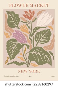 Abstract poster Flower Market New York print. Trendy botanical preppy wall art with exotic floral design in pastel colors. Modern naive groovy funky interior decoration, painting. Vector illustration.