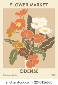 Abstract poster - Flower Market Odense. Trendy botanical wall art with floral design in danish pastel colors. Modern naive groovy funky interior decorations, paintings. Vector art illustration