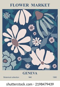 Abstract poster - Flower market print Geneva. Trendy botanical wall art with floral design in amazing blue colors. Modern naive groovy funky interior decorations, paintings. Vector art illustration.