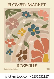 Abstract poster - Flower Market Roseville. Contemporary wall art, print with floral design in mid century modern colors. Trendy groovy funky hippy interior decoration, painting. Vector illustration.