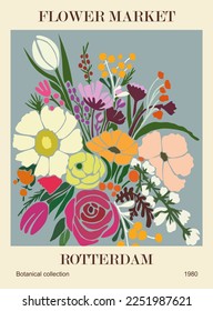 Afiche abstracto - Mercado de flores Rotterdam. Muros botánicos de moda con diseño floral en tonos pastel. Decoración moderna e ingenua y divertida, cuadros. Ilustración de arte vectorial.