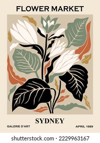 Abstract poster - Flower Market Sydney.  Trendy botanical wall art with floral design in earth tone colors. Modern naive groovy funky interior decorations, paintings. Vector art illustration.