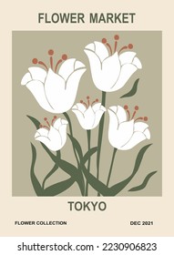 Abstract poster - Flower Market Tokyo. Trendy botanical wall art with floral design in earth tone colors. Modern hippie naive groovy funky interior decoration, painting. Vector art illustration.