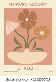 Abstract poster - Flower Market Utrecht print. Trendy botanical wall art, floral design in danish pastel colors. Modern groovy funky hippy interior decoration, painting. Vector art illustration.