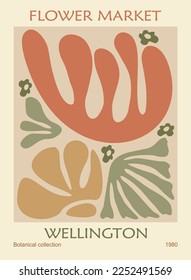 Abstract poster - Flower Market Wellington print. Trendy botanical wall art, floral design in danish pastel colors. Modern groovy funky hippie interior decoration, painting. Vector art illustration.