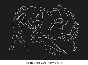 Abstract poster in french minimalist style. Matisse inpired one line drawing of dancing people for print, textile and wall art. Contemporary vector illustration