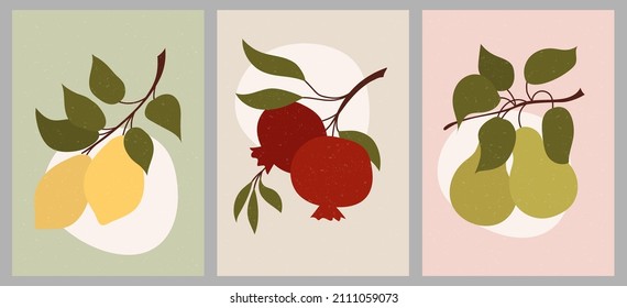 Abstract poster with fruits. Collection of contemporary art for social networks, postcards, prints. Hand drawn lemon, pear, pomegranate.