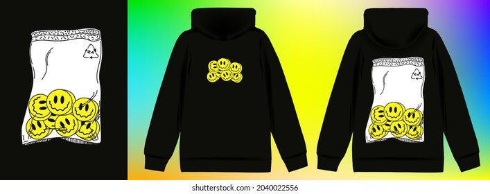 Abstract poster of funny drugs in zip package. Stylish sweatshirt with a hood in Acid Graphic style, trendy streetwear, vector illustration