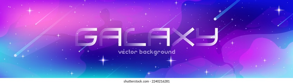 Abstract poster with galaxy background. Futuristic banner with universe, outer space with shiny stars, comets and stardust in blue and purple neon colors, vector cartoon illustration