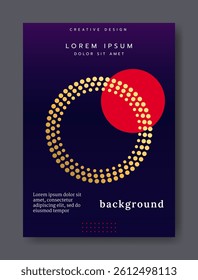 Abstract poster. Geometric circle with gold dots pattern. Contemporary art brochure. Graphic round flat shape. Creative graphic background Modern color flyer. Book cover. Vector banner design template