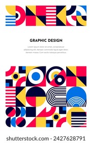Abstract poster with geometric pattern borders. Modern graphic banner vector template of color squares, lines and triangles, circles and arches shapes composition. Geometric mosaic with figures grid