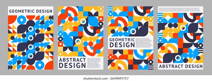 Abstract poster with geometric pattern shapes. Retro modern vector covers, vertical backgrounds with minimal figures. Trendy layout templates with circle, triangle, dot, line and square vivid elements