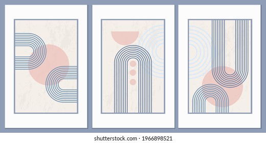 Abstract poster with geometric shapes and lines. Rainbow print and sun circle, boho style. Modern minimalist print with arch in pastel colors. Concept of balance, harmony and equilibrium. Vector.