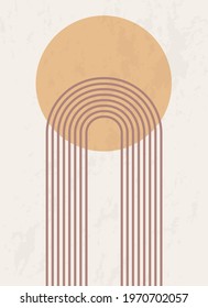 Abstract poster with geometric shapes and lines. Rainbow print and sun circle, boho style. Modern minimalist print with arch in pastel colors. Concept of balance, harmony and equilibrium. Vector.