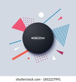 Abstract poster with geometric shapes on grey background. Memphis style music cover 80s 90s. Creative design with 3d circle retro element with triangles lines and dots. Vector card illustration.