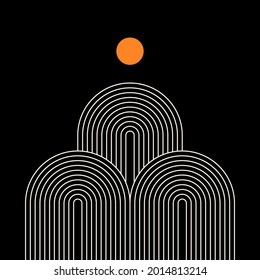 Abstract poster with geometric shapes on black background. Boho wall decor. Mid century minimalist art print. Vector illustration.