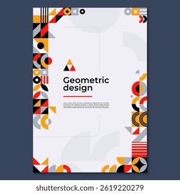 Abstract poster with geometric shapes pattern. Trendy layout template with circle, triangle, dot, line and square vivid elements. Retro modern vector cover, vertical background with minimal figures