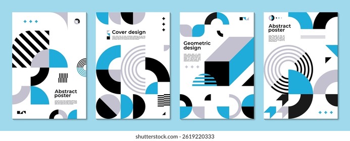 Abstraktes Poster mit geometrischen Formen und Mustern. Vektorhintergrund, Cover-Vorlagen mit Retro-Moderne Minimalgeometrie Formen, Linien in Blau, Schwarz und Weiß für Ausstellungskunst, Magazin, Zeitschrift, Album