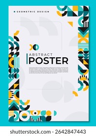 Cartaz abstrato com formas geométricas padrão de figuras de mosaico moderno, fundo vetorial. Cartaz da moda com padrão retrô de cores simples e elementos geométricos abstratos para modelo de layout de capa