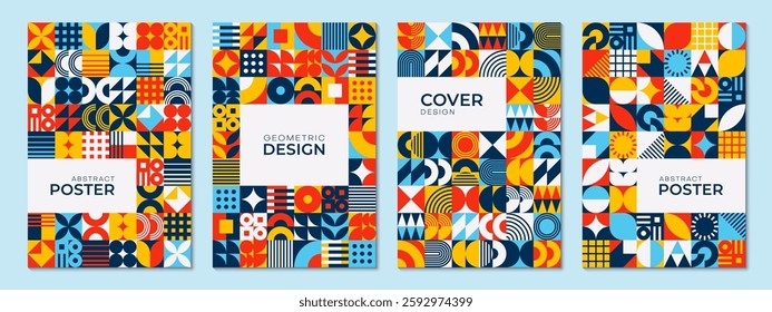 Abstract poster with geometric shapes and abstract patterns. Vector backgrounds, vintage art layout templates with bold typography and primitive elements as circles, triangles, dots, stars and squares