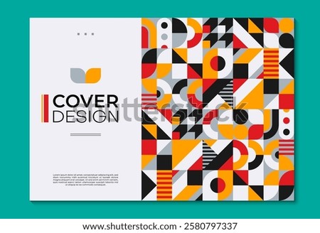 Abstract poster with geometric shapes and patterns. Vector background, cover template with retro minimal geometry figures, forms and vibrant colors for exhibit art, magazine, journal, album designs