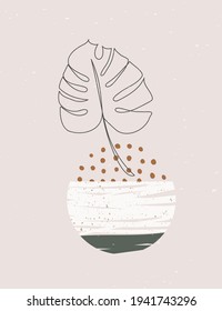 Abstract poster with geometric shapes and tropical leaves. Contemporary hand-drawn vector illustration 