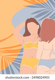 Abstractas cartel con chicas en traje de baño contra el fondo del mar. Mujeres en unas vacaciones de playa bajo el sol. Gráficos de Vector.