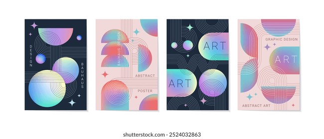 Abstract poster. Gradient circles. Curve lines. Geometric arc. Linear minimalist shapes. Bauhaus graphic design. Round Zen figures. Simple modern art. Space spheres. Vector garish banner templates set