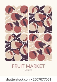 Abstract poster with groovy peach fruits and leaves. Aesthetic matisse fruit market design for wall prints. Vector illustration.