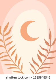 Abstract poster. Hand drawn vector illustration. Contemporary  composition with moon and leaves. Boho wall decor. Mid century art print.