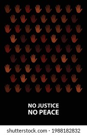 Abstract Poster with hand prints on black background. Concept of Justice and peace. Random close-up little hands different skin tones. Social equality issue. Modern vector illustration, poster, print