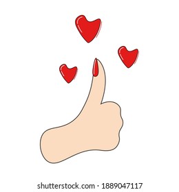 Abstract poster with hands and hearts. A positive gesture. Thumbs up. Vector isolated.Can be used in web design as poster,banner,postcard.
