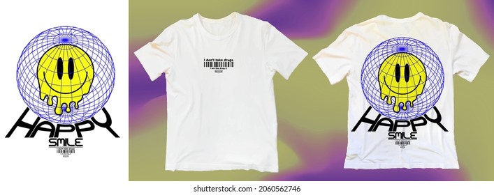 Afiche abstracto sonrisa feliz. Camiseta blanca elegante, Calzado de moda impresiones sobre ropa, en estilo gráfico ácido, diseños de tendencia