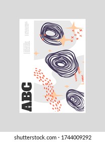 Abstract poster illustration. Colorful lines, spots, dots and paint strokes. Decorative symmetric wallpaper, backdrop. Hand drawn texture, decor elements and shapes. Eps10 vector.