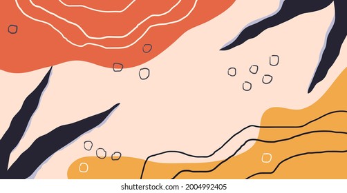 Abstract poster with the image of leaves, curved lines. Template design. Vector illustration.