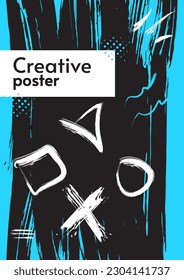 Abstract poster ink with dark backdrop, paint scratches, splashes and brushes. Modern poster for hipster. Design for cover, poster, banner, postcard, invitation.