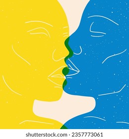 Afiche abstracto con efecto de riso de pareja de besos. Hombre mujer retrata el estilo moderno de la impresión de linóleo. Ilustración plana del vector