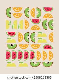 Abstract poster. Kiwi, orange, watermelon and apple. Vector drawing picture. Trendy style
