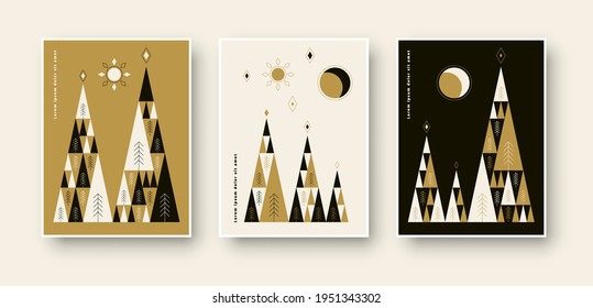 Abstract poster with landscape of a forest at day and at night background vector illustration.