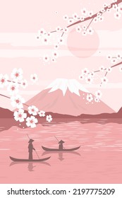 Abstract poster with landscape. A Japanese mountain, a natural lake, branches of cherry blossoms, a boat with fishermen. Vector graphics.
