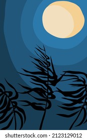 abstract poster with leaves and branches plant. Boho minimalist moon. Plant leaf against background of sky. Abstract landscape. Stock vector hand drawn image.