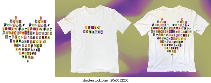 Abstract poster i love you baby, cut letters from newspapers. Threatening note, stylish print for streetwear, print for t-shirts and hoodies, isolated on black background