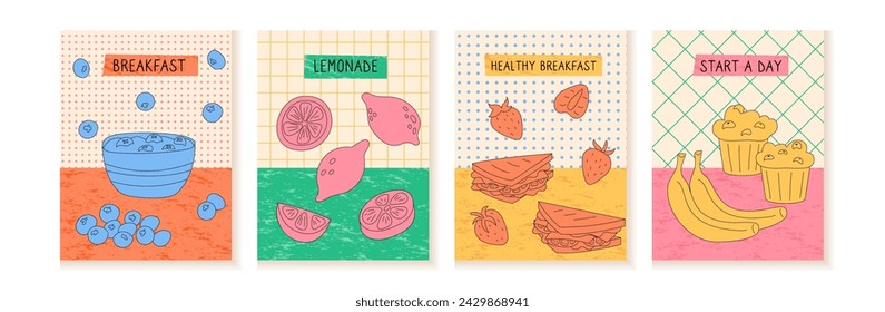 Afiche abstracto. La comida. Gachas de desayuno. Bebida de limonada. Ensaladera. Bizcocho de plátanos. Postre de fruta café. Fresa y arándano. Cocina de comida. Menú del restaurante. Conjunto de banners vectoriales brillantes