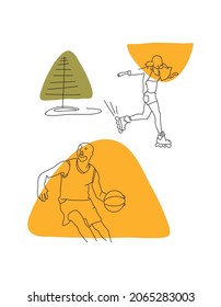 Abstract poster with minimal basketball player and roller. One line drawing style.