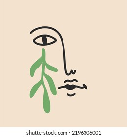 Abstract poster with minimal face and plant. One line drawing style. Flat vector illustration, hand drawn cartoon.