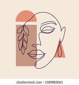 Abstract Poster With Minimal Woman Face.One Line Drawing Style.