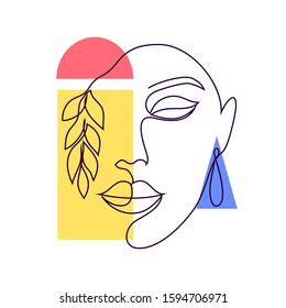 Abstract poster with minimal woman face.One line drawing style.